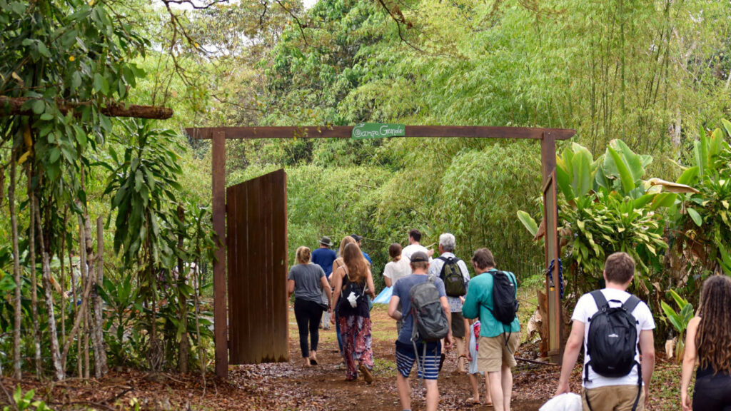 Students walking through permaculture farm gate.